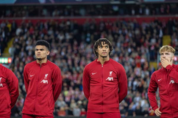 LIVERPOOL, ENGLAND - Tuesday, September 13, 2022: Liverpool's Luis Díaz and Trent Alexander-Arnold line-up before the UEFA Champions League Group A matchday 2 game between Liverpool FC and AFC Ajax at Anfield. (Pic by David Rawcliffe/Propaganda)