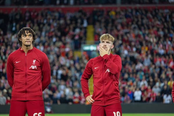 LIVERPOOL, ENGLAND - Tuesday, September 13, 2022: Liverpool's Trent Alexander-Arnold and Harvey Elliott line-up before the UEFA Champions League Group A matchday 2 game between Liverpool FC and AFC Ajax at Anfield. (Pic by David Rawcliffe/Propaganda)