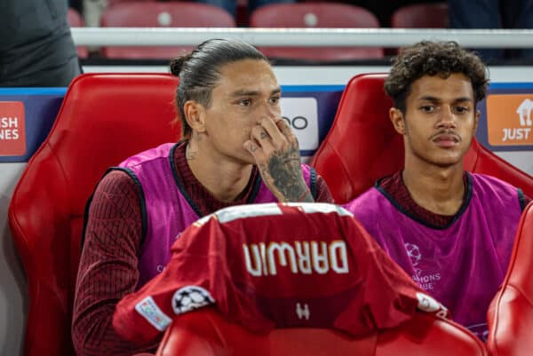 LIVERPOOL, ENGLAND - Tuesday, September 13, 2022: Liverpool's substitute Darwin Núñez on the bench before the UEFA Champions League Group A matchday 2 game between Liverpool FC and AFC Ajax at Anfield. (Pic by David Rawcliffe/Propaganda)