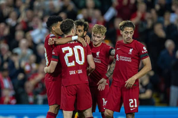 LIVERPOOL, ENGLAND - Tuesday, September 13, 2022: Liverpool's Mohamed Salah (C) celebrates with team-mates after scoring the first goal during the UEFA Champions League Group A matchday 2 game between Liverpool FC and AFC Ajax at Anfield. (Pic by David Rawcliffe/Propaganda)