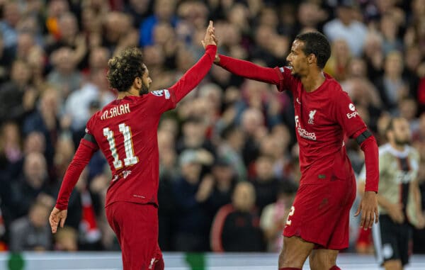 LIVERPOOL, ENGLAND - Tuesday, September 13, 2022: Liverpool's Mohamed Salah (L) celebrates with team-mate Joël Matip after scoring the first goal during the UEFA Champions League Group A matchday 2 game between Liverpool FC and AFC Ajax at Anfield. (Pic by David Rawcliffe/Propaganda)