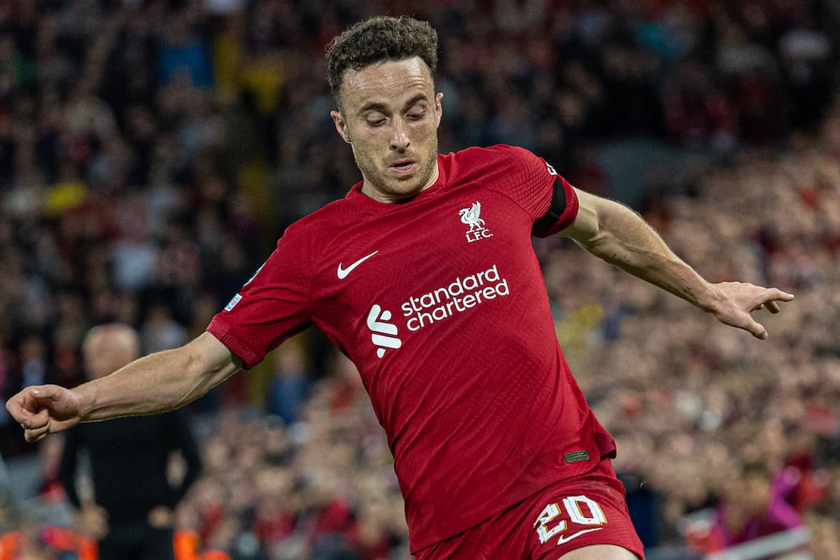 LIVERPOOL, ENGLAND - Tuesday, September 13, 2022: Liverpool's Diogo Jota during the UEFA Champions League Group A matchday 2 game between Liverpool FC and AFC Ajax at Anfield. (Pic by David Rawcliffe/Propaganda)