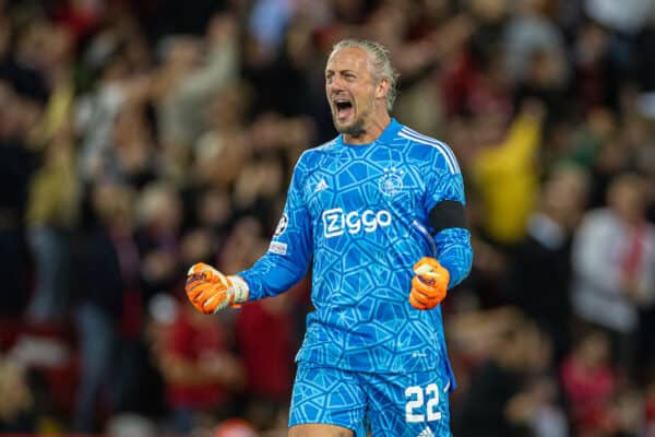 LIVERPOOL, ENGLAND - Tuesday, September 13, 2022: AFC Ajax's goalkeeper Remko Pasveer celebrates his side's first equalising goal during the UEFA Champions League Group A matchday 2 game between Liverpool FC and AFC Ajax at Anfield. (Pic by David Rawcliffe/Propaganda)