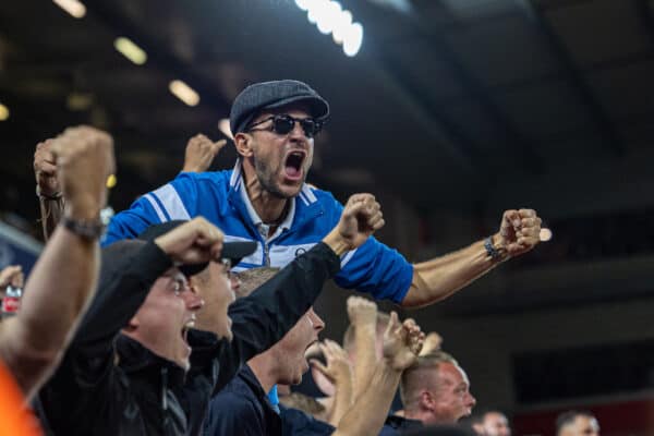 LIVERPOOL, ENGLAND - Tuesday, September 13, 2022: An AFC Ajax supporter celebrates his side's first equalising goal during the UEFA Champions League Group A matchday 2 game between Liverpool FC and AFC Ajax at Anfield. (Pic by David Rawcliffe/Propaganda)