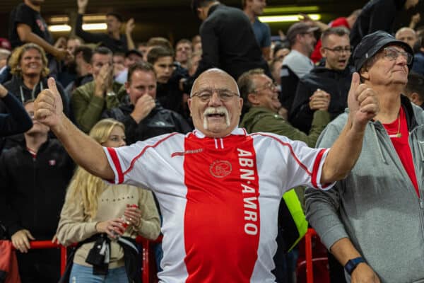 LIVERPOOL, ENGLAND - Tuesday, September 13, 2022: An AFC Ajax supporter celebrates his side's first equalising goal during the UEFA Champions League Group A matchday 2 game between Liverpool FC and AFC Ajax at Anfield. (Pic by David Rawcliffe/Propaganda)