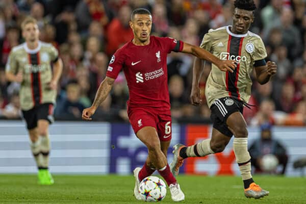 LIVERPOOL, ENGLAND - Tuesday, September 13, 2022: Liverpool's Thiago Alcântara during the UEFA Champions League Group A matchday 2 game between Liverpool FC and AFC Ajax at Anfield. (Pic by David Rawcliffe/Propaganda)