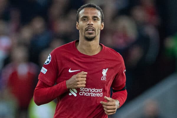 LIVERPOOL, ENGLAND - Tuesday, September 13, 2022: Liverpool's Joël Matip during the UEFA Champions League Group A matchday 2 game between Liverpool FC and AFC Ajax at Anfield. (Pic by David Rawcliffe/Propaganda)