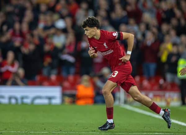 LIVERPOOL, ENGLAND - Tuesday, September 13, 2022: Liverpool's Stefan Bajcetic comes on as a substitute during the UEFA Champions League Group A matchday 2 game between Liverpool FC and AFC Ajax at Anfield. (Pic by David Rawcliffe/Propaganda)