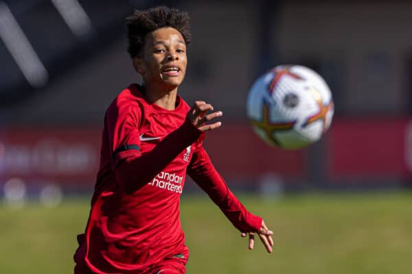 LIVERPOOL, ENGLAND - Saturday, September 17, 2022: Liverpool's Trent Kone-Doherty during the Under-18 Premier League North match between Liverpool FC Under-18's and Manchester City FC Under-18's at the Liverpool Academy. Man City won 4-3. (Pic by David Rawcliffe/Propaganda)