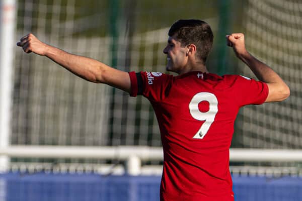 SEAGRAVE, ENGLAND - Saturday, September 17, 2022: Liverpool's Layton Stewart celebrates after scoring the first goal during the Premier League 2 Division 1 match between Leicester City FC Under-23's and Liverpool FC Under-23's at the Leicester City Training Ground. Liverpool won 1-0. (Pic by David Rawcliffe/Propaganda)