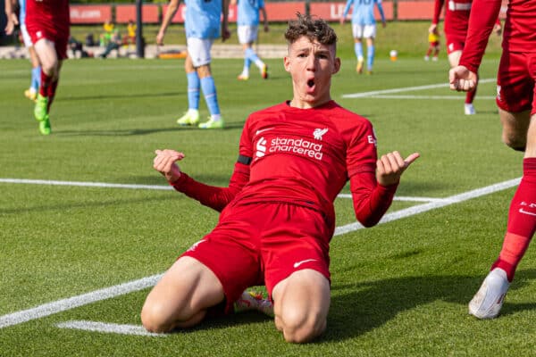 LIVERPOOL, ENGLAND - Saturday, September 17, 2022: Liverpool's Lewis Koumas celebrates after scoring the third goal, his second of the game, during the Under-18 Premier League North match between Liverpool FC Under-18's and Manchester City FC Under-18's at the Liverpool Academy. Man City won 4-3. (Pic by David Rawcliffe/Propaganda)