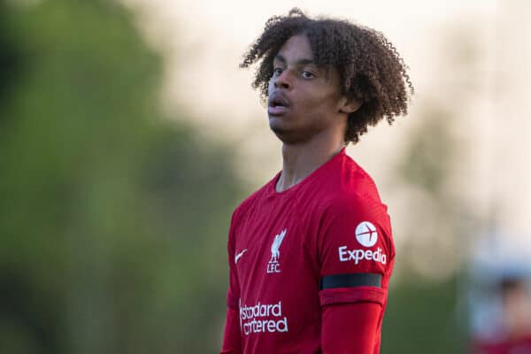 SEAGRAVE, ENGLAND - Saturday, September 17, 2022: Liverpool's substitute Harvey Blair during the Premier League 2 Division 1 match between Leicester City FC Under-23's and Liverpool FC Under-23's at the Leicester City Training Ground. Liverpool won 1-0. (Pic by David Rawcliffe/Propaganda)