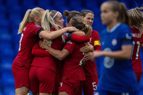 BIRKENHEAD, ENGLAND - Sunday, September 18, 2022: Liverpool's Katie Stengel (2nd from R) celebrates after scoring her side's first goal during the FA Women’s Super League match between Liverpool FC Women and Chelsea FC Women at Prenton Park. (Pic by David Rawcliffe/Propaganda)