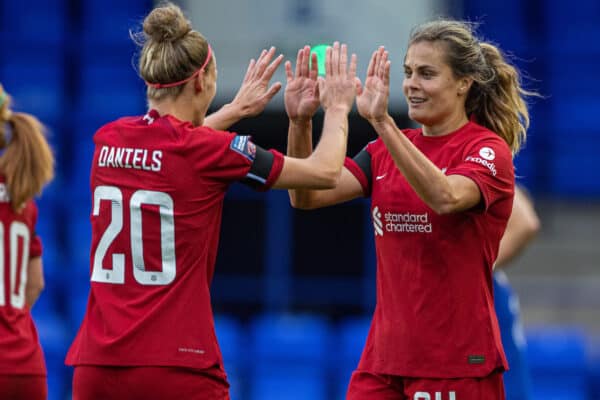 BIRKENHEAD, ENGLAND - Sunday, September 18, 2022: Liverpool's Katie Stengel (R) celebrates with team-mate Yana Daniels after scoring the second goal during the FA Women’s Super League match between Liverpool FC Women and Chelsea FC Women at Prenton Park. (Pic by David Rawcliffe/Propaganda)