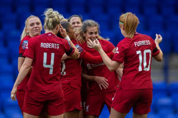 BIRKENHEAD, ENGLAND - Sunday, September 18, 2022: Liverpool's Katie Stengel (2nd from R) celebrates with team-mates after scoring the second goal during the FA Women’s Super League match between Liverpool FC Women and Chelsea FC Women at Prenton Park. (Pic by David Rawcliffe/Propaganda)