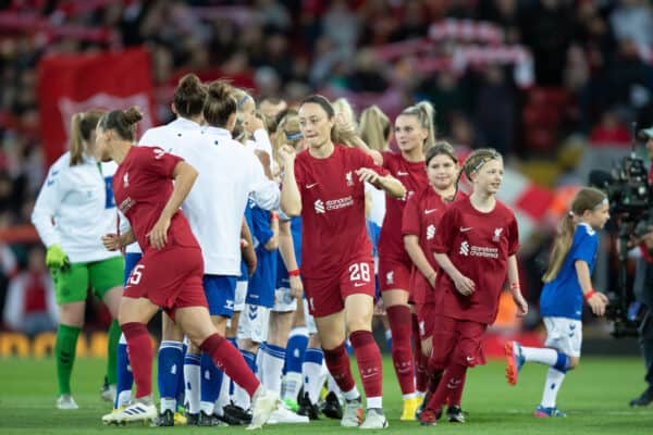 LIVERPOOL, ENGLAND - Sunday, September 25, 2022: Both teams line up before the FA Women’s Super League match between Liverpool FC Women and Everton FC Women, the Women's Merseyside Derby, at Anfield. (Pic by Jessica Hornby/Propaganda)