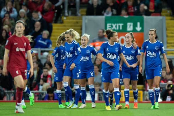 LIVERPOOL, ENGLAND - Sunday, September 25, 2022: Everton's Megan Finnigan (2R) celebrates scoring the first goal with team-mates during the FA Women’s Super League match between Liverpool FC Women and Everton FC Women, the Women's Merseyside Derby, at Anfield. (Pic by Jessica Hornby/Propaganda)