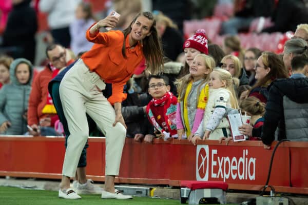LIVERPOOL, ENGLAND - Sunday, September 25, 2022: Jill Scott taking photos with fans during the FA Women’s Super League match between Liverpool FC Women and Everton FC Women, the Women's Merseyside Derby, at Anfield. (Pic by Jessica Hornby/Propaganda)