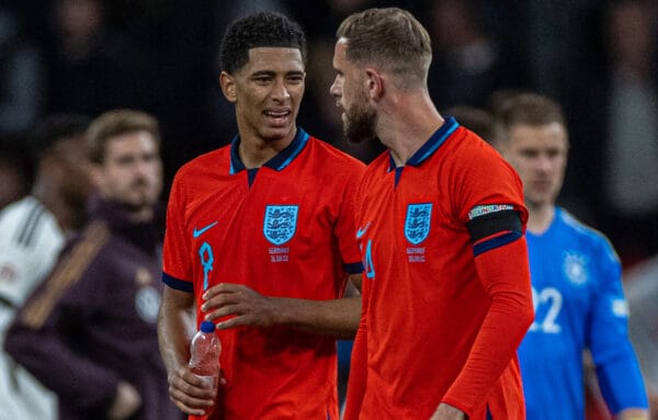 LONDON, ENGLAND - Monday, September 26, 2022: England's Jude Bellingham (L) and Jordan Henderson after the UEFA Nations League Group A3 game between England and Germany at Wembley Stadium. The game ended in a 3-3 draw. (Photo by David Rawcliffe/Propaganda)