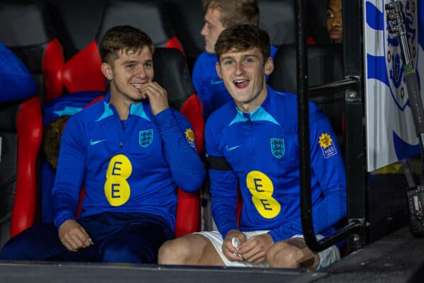 SHEFFIELD, ENGLAND - Tuesday, September 27, 2022: England's substitute Tyler Morton (R) on the bench before the International friendly between England Under-21’s and Germany Under-21’s at Bramall Lane. (Photo by David Rawcliffe/Propaganda)