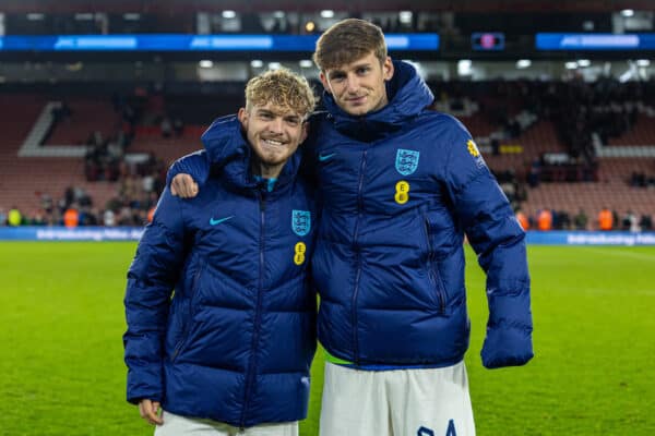 SHEFFIELD, ENGLAND - Tuesday, September 27, 2022: Liverpool's Harvey Elliott (L) and Tyler Morton after the International friendly between England Under-21’s and Germany Under-21’s at Bramall Lane. (Photo by David Rawcliffe/Propaganda)