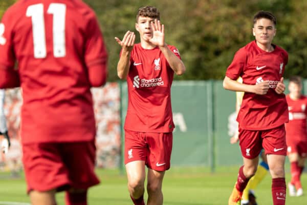 LIVERPOOL, ENGLAND - Saturday, October 1, 2022: Liverpool's Lewis Koumas celebrates scoring the first goal with team-mates during the Under-18 Premier League North match between Liverpool FC Under-18's and Nottingham Forest FC Under-18's at the Liverpool Academy. (Pic by Jessica Hornby/Propaganda)