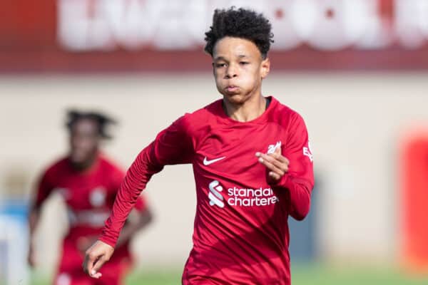 LIVERPOOL, ENGLAND - Saturday, October 1, 2022: Liverpool's Trent Kone-Doherty during the Under-18 Premier League North match between Liverpool FC Under-18's and Nottingham Forest FC Under-18's at the Liverpool Academy. (Pic by Jessica Hornby/Propaganda)