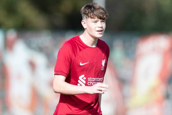 LIVERPOOL, ENGLAND - Saturday, October 1, 2022: Liverpool's James McConnell during the Under-18 Premier League North match between Liverpool FC Under-18's and Nottingham Forest FC Under-18's at the Liverpool Academy. (Pic by Jessica Hornby/Propaganda)