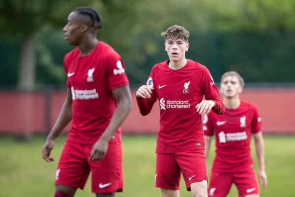 LIVERPOOL, ENGLAND - Saturday, October 1, 2022: Liverpool's Luke Chambers during the Premier League 2 Division 1 match between Liverpool FC Under-21's and Arsenal FC Under-21's at the Liverpool Academy. (Pic by Jessica Hornby/Propaganda)