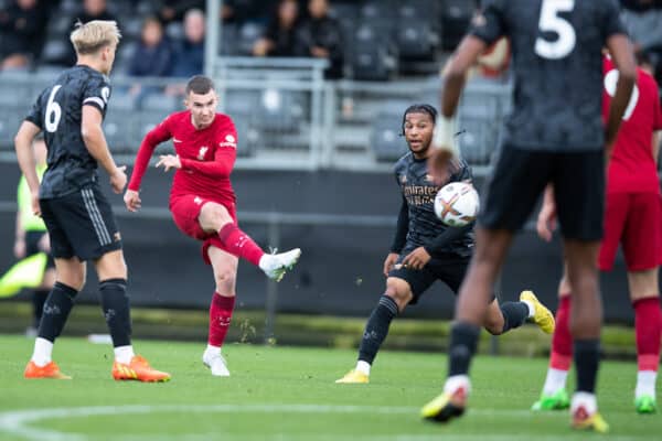 LIVERPOOL, ENGLAND - Saturday, October 1, 2022: Liverpool's Mateusz Musialowski has a shot at goal during the Premier League 2 Division 1 match between Liverpool FC Under-21's and Arsenal FC Under-21's at the Liverpool Academy. (Pic by Jessica Hornby/Propaganda)