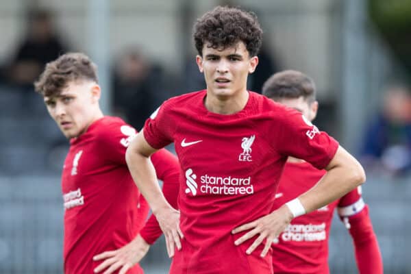LIVERPOOL, ENGLAND - Saturday, October 1, 2022: Liverpool's Stefan Bajcetic during the Premier League 2 Division 1 match between Liverpool FC Under-21's and Arsenal FC Under-21's at the Liverpool Academy. (Pic by Jessica Hornby/Propaganda)