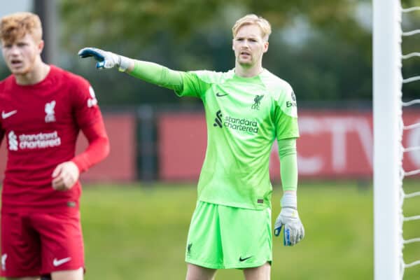 LIVERPOOL, ENGLAND - Saturday, October 1, 2022: Liverpool's goalkeeper Caoimhin Kelleher during the Premier League 2 Division 1 match between Liverpool FC Under-21's and Arsenal FC Under-21's at the Liverpool Academy. (Pic by Jessica Hornby/Propaganda)