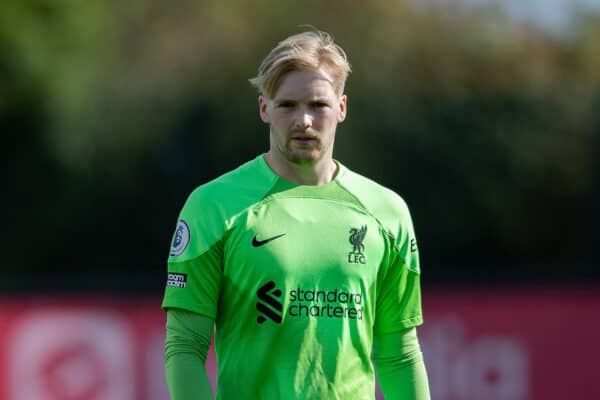 LIVERPOOL, ENGLAND - Saturday, October 1, 2022: Liverpool's goalkeeper Caoimhin Kelleher during the Premier League 2 Division 1 match between Liverpool FC Under-21's and Arsenal FC Under-21's at the Liverpool Academy. (Pic by Jessica Hornby/Propaganda)