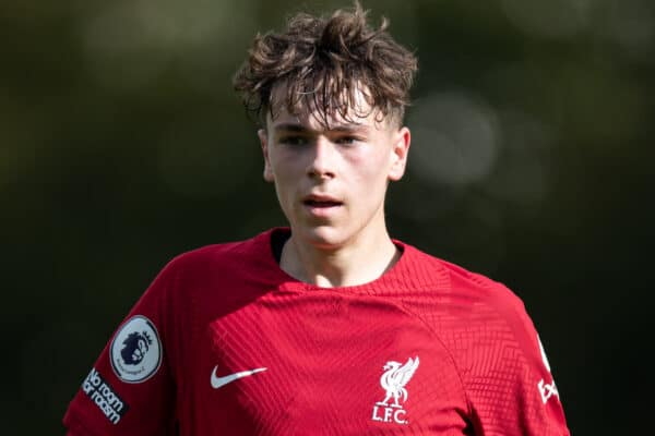 LIVERPOOL, ENGLAND - Saturday, October 1, 2022: Liverpool's Luke Chambers during the Premier League 2 Division 1 match between Liverpool FC Under-21's and Arsenal FC Under-21's at the Liverpool Academy. (Pic by Jessica Hornby/Propaganda)