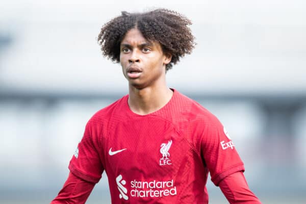 LIVERPOOL, ENGLAND - Saturday, October 1, 2022: Liverpool's Harvey Blair during the Premier League 2 Division 1 match between Liverpool FC Under-21's and Arsenal FC Under-21's at the Liverpool Academy. (Pic by Jessica Hornby/Propaganda)