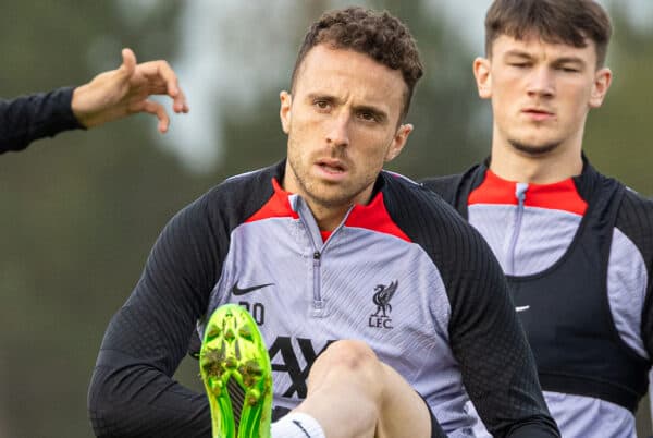 LIVERPOOL, ENGLAND - Monday, October 3, 2022: Liverpool's Diogo Jota (L) during a training session at the AXA Training Centre ahead of the UEFA Champions League Group A matchday 2 game between Liverpool FC and Glasgow Rangers FC. (Pic by David Rawcliffe/Propaganda)