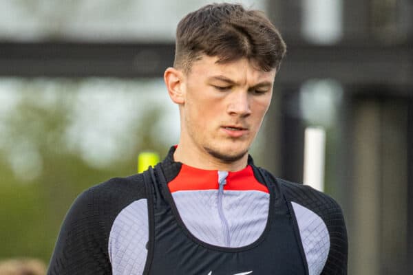 LIVERPOOL, ENGLAND - Monday, October 3, 2022: Liverpool's Calvin Ramsay during a training session at the AXA Training Centre ahead of the UEFA Champions League Group A matchday 2 game between Liverpool FC and Glasgow Rangers FC. (Pic by David Rawcliffe/Propaganda)