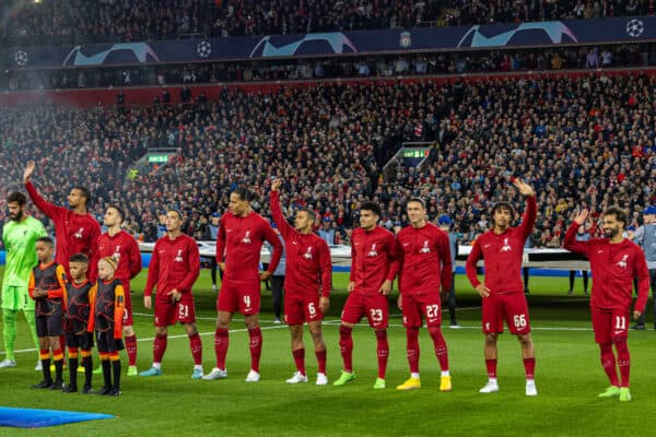 LIVERPOOL, ENGLAND - Tuesday, October 3, 2022: Liverpool players line-up before the UEFA Champions League Group A matchday 3 game between Liverpool FC and Glasgow Rangers FC at Anfield. L-R captain Jordan Henderson, goalkeeper Alisson Becker, Joël Matip, Diogo Jota, Kostas Tsimikas, Virgil van Dijk, Thiago Alcântara, Luis Díaz, Darwin Núñez, Trent Alexander-Arnold, Mohamed Salah. (Pic by David Rawcliffe/Propaganda)