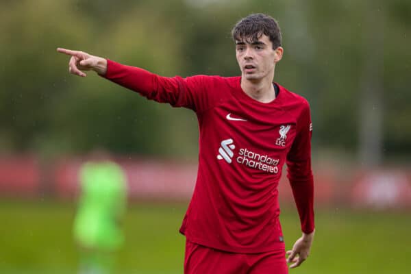 LIVERPOOL, ENGLAND - Tuesday, October 4, 2022: Liverpool's Dominic Corness during the UEFA Youth League Group A Matchday 3 game between Liverpool FC Under-19's and Glasgow Rangers FC Under-19's at the Liverpool Academy. Liverpool won 4-1. (Pic by David Rawcliffe/Propaganda)