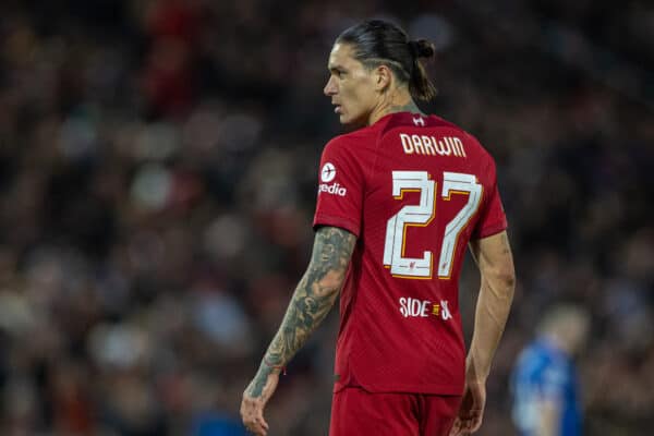 LIVERPOOL, ENGLAND - Tuesday, October 3, 2022: Liverpool's Darwin Núñez during the UEFA Champions League Group A matchday 3 game between Liverpool FC and Glasgow Rangers FC at Anfield. Liverpool won 2-0. (Pic by David Rawcliffe/Propaganda)