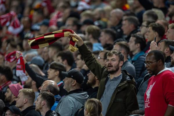 LIVERPOOL, ENGLAND - Tuesday, October 3, 2022: Liverpool supporters during the UEFA Champions League Group A matchday 3 game between Liverpool FC and Glasgow Rangers FC at Anfield. Liverpool won 2-0. (Pic by David Rawcliffe/Propaganda)