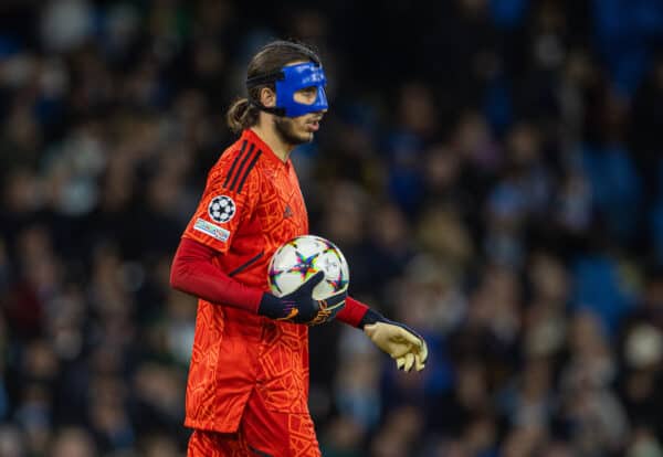 MANCHESTER, ENGLAND - Wednesday, October 5, 2022: Copenhagen's goalkeeper Kamil Grabara, wearing a protective face mask, during the UEFA Champions League Group G Matchday 3 game between Manchester City FC and FC Copenhagen at the City of Manchester Stadium. (Pic by David Rawcliffe/Propaganda)