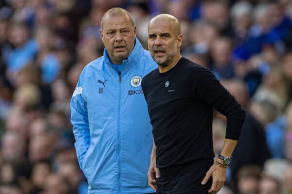 MANCHESTER, ENGLAND - Saturday, October 8, 2022: Manchester City's manager Josep 'Pep' Guardiola (R) and assistant coach Rodolfo Borrell during the FA Premier League match between Manchester City FC and Southampton FC at the Etihad Stadium. (Pic by David Rawcliffe/Propaganda)