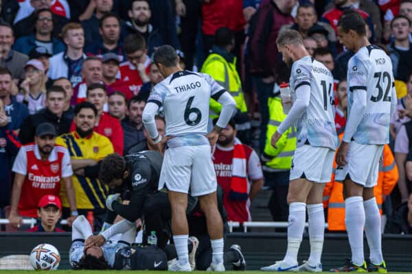 LONDON, ENGLAND - Sunday, October 9, 2022: Liverpool's Trent Alexander-Arnold goes down injured during the FA Premier League match between Arsenal FC and Liverpool FC at the Emirates Stadium. (Pic by David Rawcliffe/Propaganda)