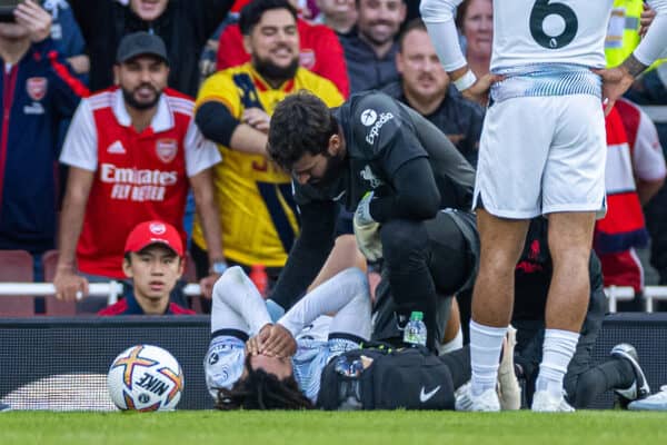 LONDON, ENGLAND - Sunday, October 9, 2022: Liverpool's Trent Alexander-Arnold goes down injured during the FA Premier League match between Arsenal FC and Liverpool FC at the Emirates Stadium. (Pic by David Rawcliffe/Propaganda)