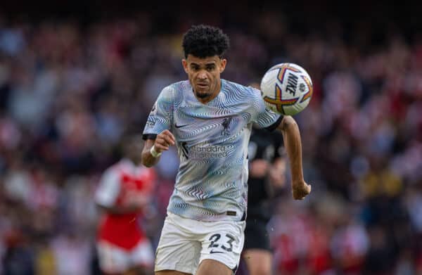 LONDON, ENGLAND - Sunday, October 9, 2022: Liverpool's Luis Díaz during the FA Premier League match between Arsenal FC and Liverpool FC at the Emirates Stadium. (Pic by David Rawcliffe/Propaganda)