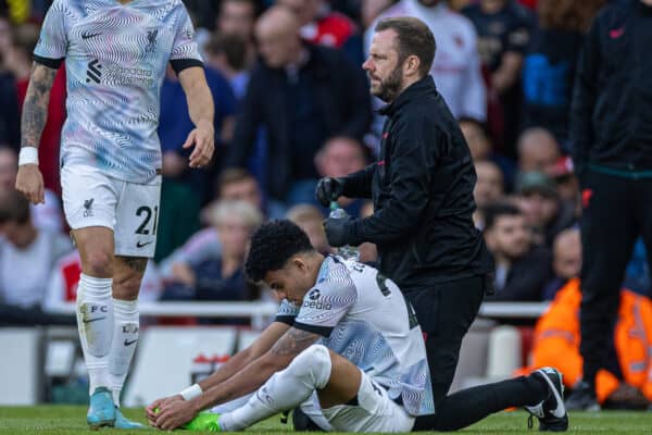 LONDON, ENGLAND - Sunday, October 9, 2022: Liverpool's Luis Díaz goes down injured during the FA Premier League match between Arsenal FC and Liverpool FC at the Emirates Stadium. (Pic by David Rawcliffe/Propaganda)