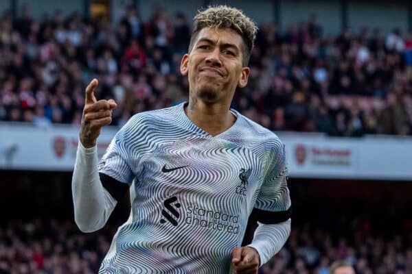 LONDON, ENGLAND - Sunday, October 9, 2022: Liverpool's Roberto Firmino celebrates after scoring his side's second equalising goal during the FA Premier League match between Arsenal FC and Liverpool FC at the Emirates Stadium. (Pic by David Rawcliffe/Propaganda)