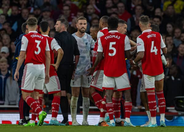 LONDON, ENGLAND - Sunday, October 9, 2022: Liverpool's captain Jordan Henderson clashes with Arsenal's Gabriel dos Santos Magalhães during the FA Premier League match between Arsenal FC and Liverpool FC at the Emirates Stadium. (Pic by David Rawcliffe/Propaganda)