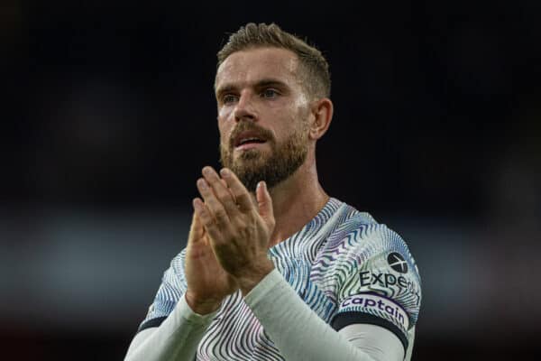 LONDON, ENGLAND - Sunday, October 9, 2022: Liverpool's captain Jordan Henderson applauds the supporters after during the FA Premier League match between Arsenal FC and Liverpool FC at the Emirates Stadium. (Pic by David Rawcliffe/Propaganda)